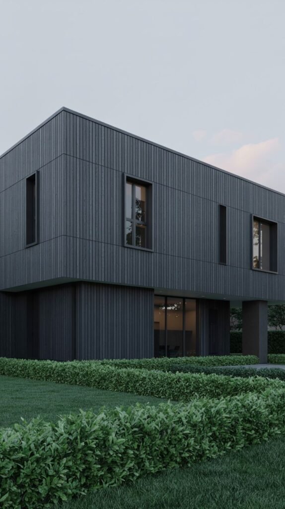 A contemporary multi-level building with dark gray horizontal and vertical siding. The structure has a minimalist box-like design and is surrounded by manicured green hedges and grass.