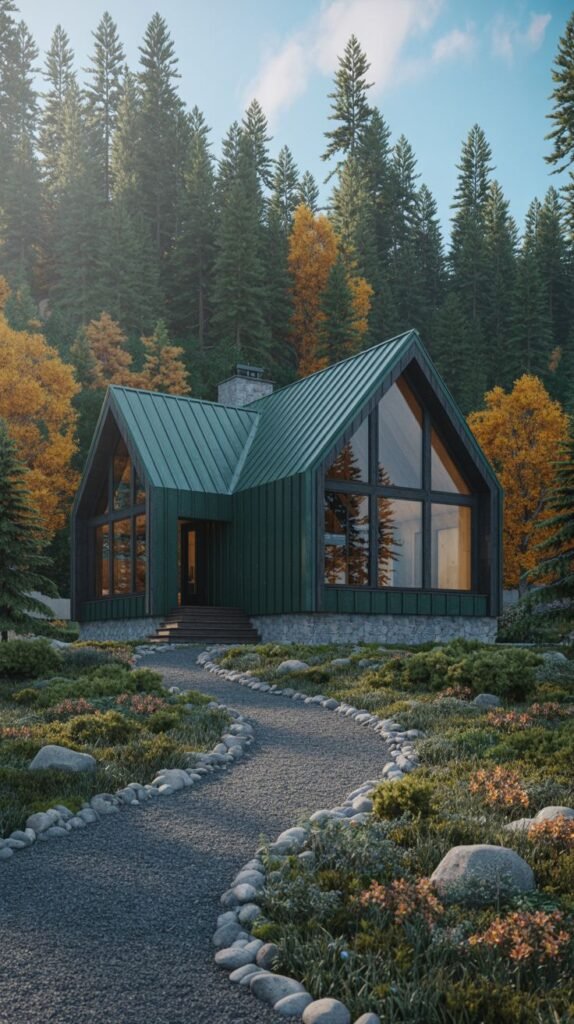 An A-frame house set in a forest, featuring a deep teal metal roof and large front windows. The lower portion of the house is clad in stone, with darker siding above, and a gravel path winds through the surrounding natural landscape.