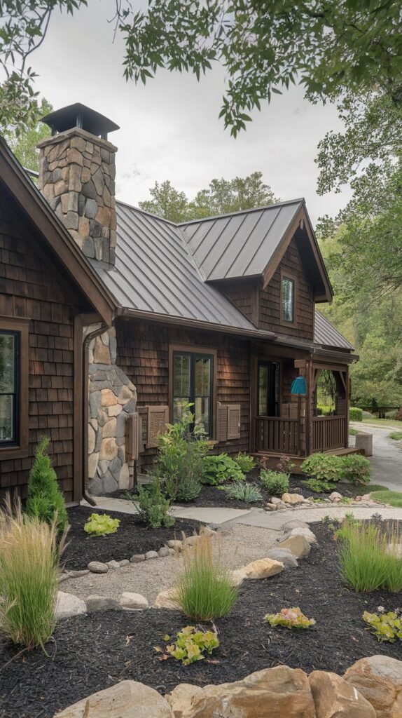 A rustic house with a brown exterior, using shake-style siding and stone accents on the chimney and foundation. It has a dark metal roof, a covered porch, and landscaping with rocks and various plants.