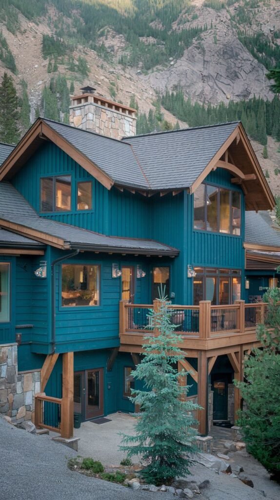 A house painted a vibrant, dark teal blue, set against a backdrop of mountains and trees. It features multiple levels, gable roofs, and wooden beams and deck railings that contrast with the bold color.