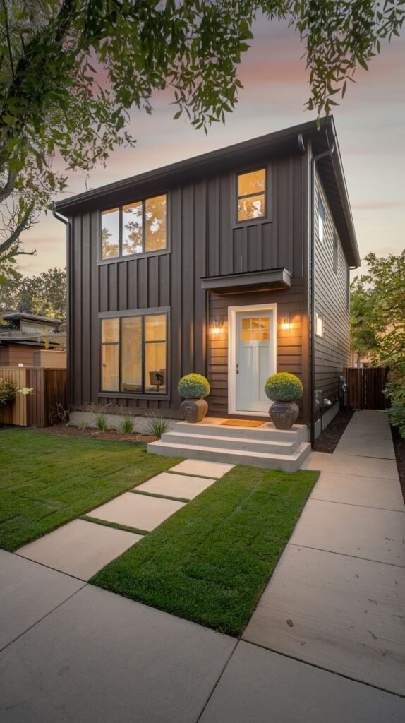 A two-story modern house with dark brown vertical siding, a white door, and illuminated entrance area. The front features a concrete walkway with interspersed squares of grass leading up to steps flanked by two potted plants.