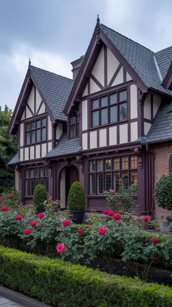 A Tudor-inspired house with white stucco and dark maroon or purple wood trim. The house has a dark roof and a garden in the foreground filled with vibrant red roses and neatly trimmed hedges.