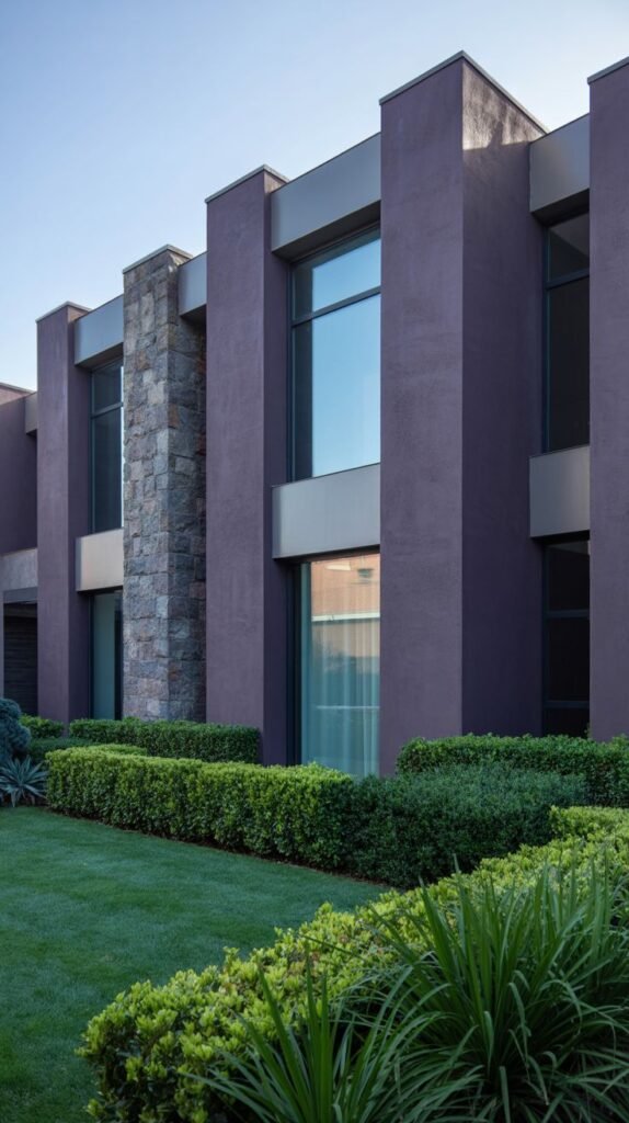 A contemporary building with a bold deep purple exterior accented by stone cladding. The structure has strong vertical elements, large windows, and is surrounded by a well-maintained lawn and various plants.