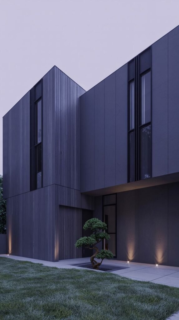 A modern building featuring a mix of dark gray and black siding textures, including vertical boards. The structure has sharp angles, large windows, outdoor lighting, and a small sculpted tree near the entrance.