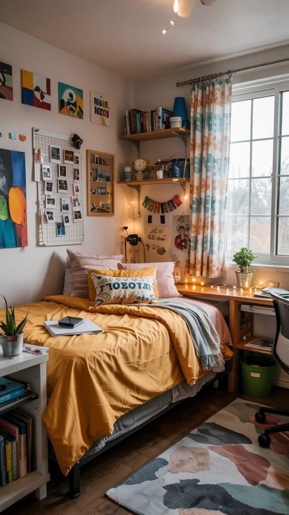 A vibrant and beautiful dorm room with an orange bedspread, colorful curtains, string lights, a desk by the window, and walls decorated with art and photos on a wire grid.