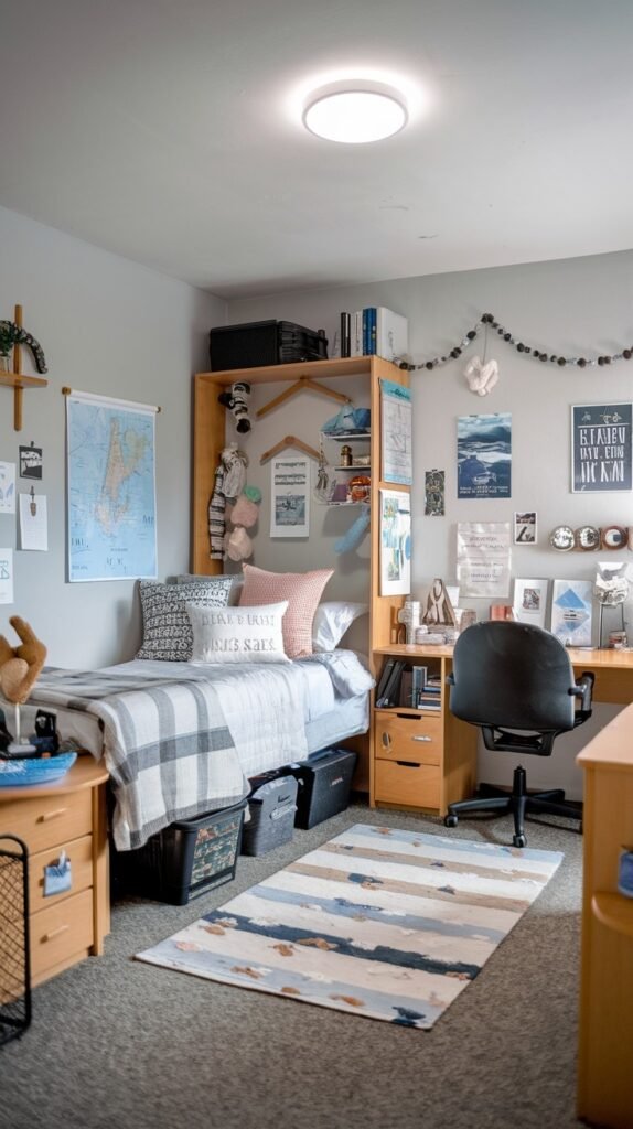 A neatly organized and beautiful dorm room with a bed, wooden furniture including a desk and drawers, shelves, travel-themed decorations, and a colorful rug.