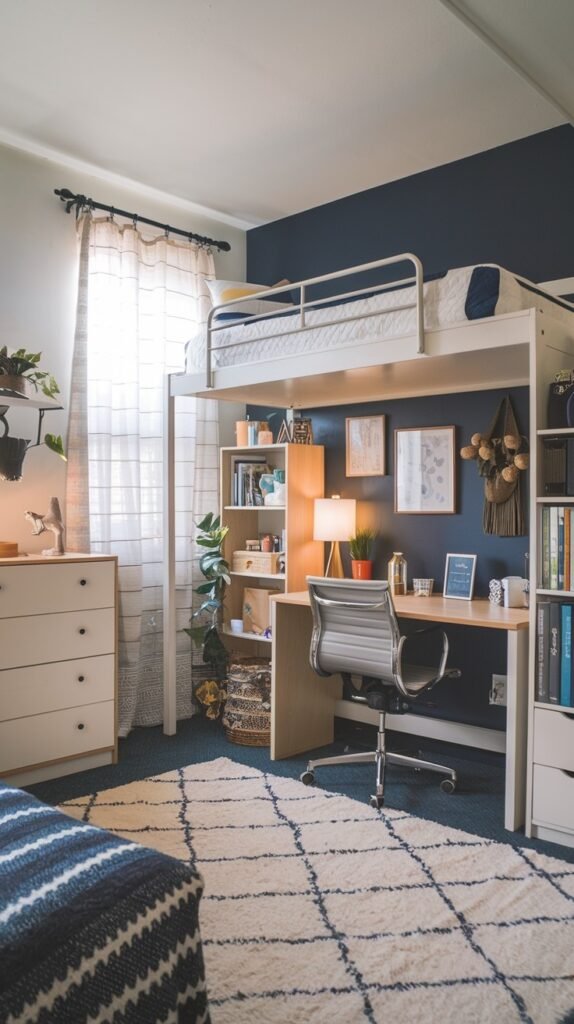 A beautiful dorm room featuring a loft bed with a desk and storage underneath, a dresser, and a striking accent wall painted deep blue, decorated with plants and art.