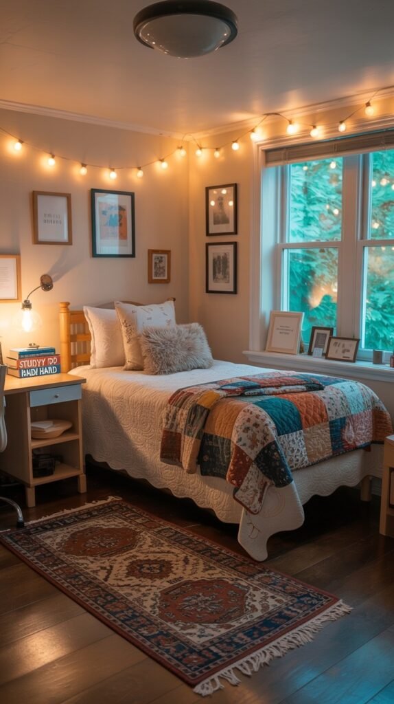 A cozy and beautiful dorm room with a bed, string lights hung around the perimeter, framed art on the walls, a small side table, and a patterned rug.