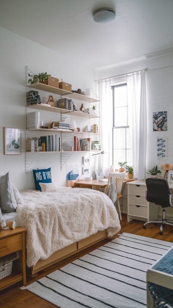 A bright and beautiful dorm room with two beds, a large floating shelf system filled with books and plants, a desk by the window, and a striped rug.