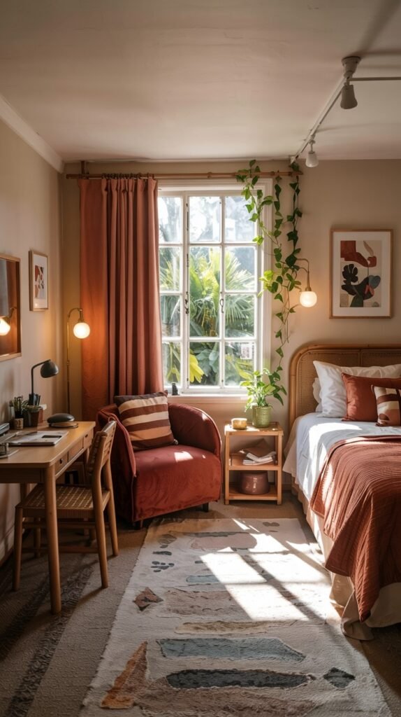 A beautiful dorm room with a bed, a rust-colored armchair, a wooden desk, plants including one trailing down, and a window with rust-colored curtains, decorated with art and warm lighting.