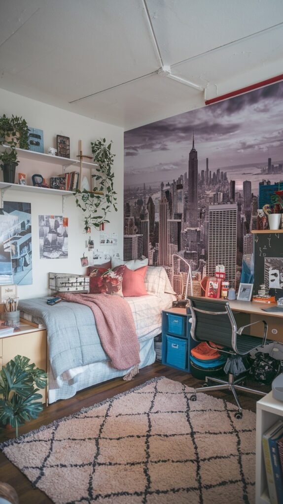 A beautiful dorm room with a large wall mural of a city skyline behind the bed, shelves on the wall, a desk area, and plants.