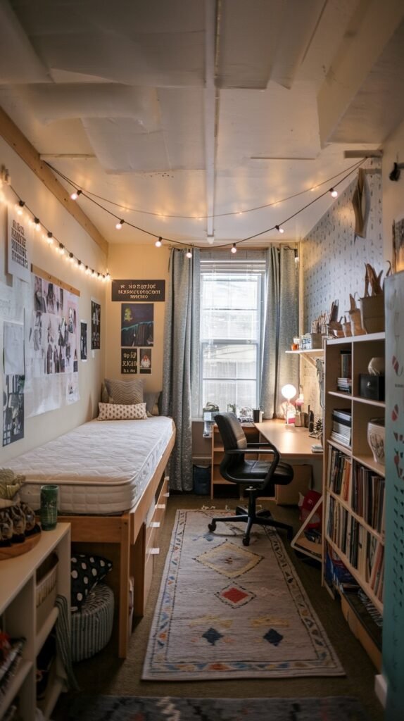 A narrow and beautiful dorm room optimized for space with a bed on a raised platform with under-bed storage, string lights, a desk, and shelves filled with items.
