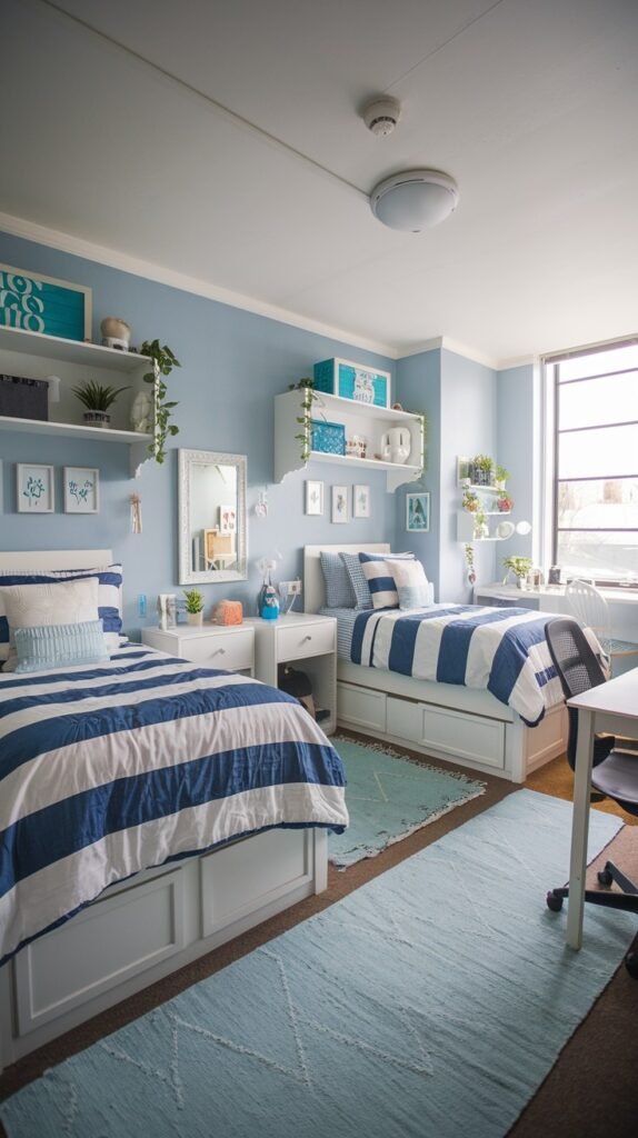 A clean and beautiful dorm room shared by two people, featuring two beds with matching blue and white striped bedding, white furniture with storage, shelves, and a light blue rug.