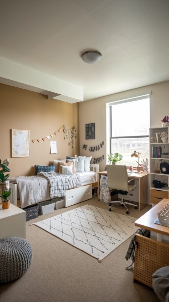 A beautiful dorm room featuring a bed with patterned bedding, a desk by the window with a chair, a bookshelf, and plants, decorated in warm tones and white.