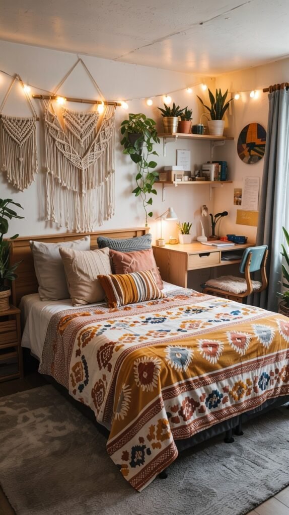 A beautiful dorm room decorated in a boho style with a patterned bedspread, macrame wall hangings, string lights, plants on shelves, and a wooden desk area.
