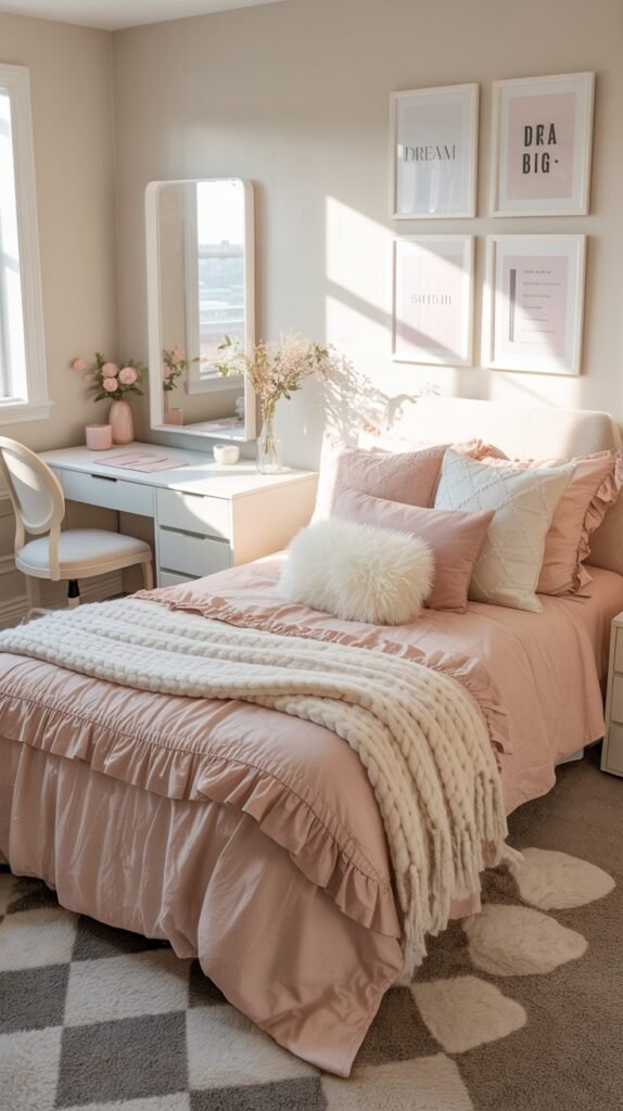 A beautiful dorm room decorated in soft pink tones, featuring a bed with ruffled bedding and many pillows, a white vanity desk with a mirror, and inspirational framed prints on the wall.