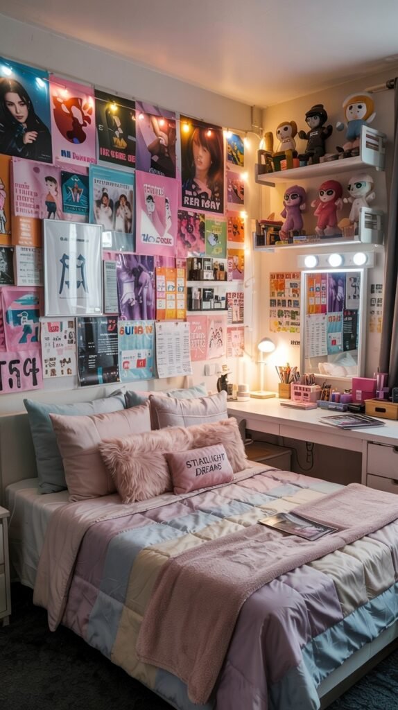 A beautiful dorm room filled with posters on the walls, a bed with pastel-colored bedding, a desk area with a lighted mirror, and shelves displaying plush toys and decor.