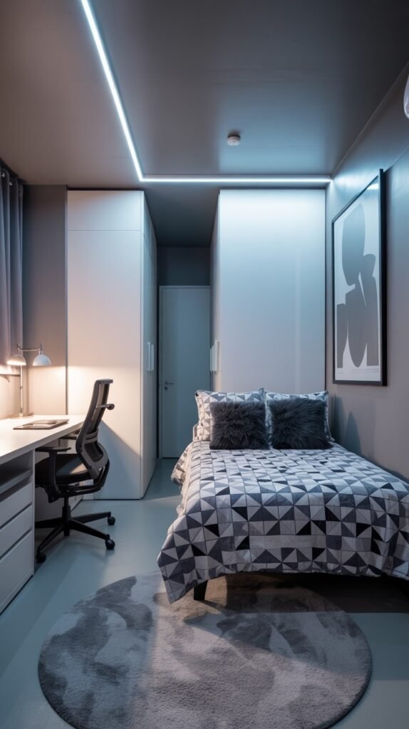 A modern and beautiful dorm room with a bed made with grey and black patterned bedding, sleek white wardrobes, a grey rug, a desk, and illuminated ceiling lighting.