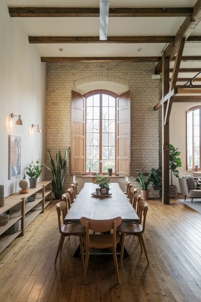 A beautiful farmhouse dining space with a long rectangular wood table and multiple wood chairs, set in a room with exposed brick and wooden beams. A large arched window with wooden shutters provides natural light, and potted plants are placed along a shelf.
