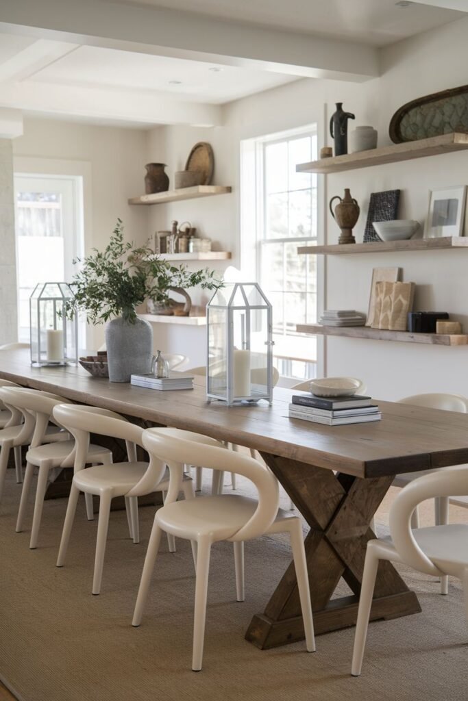 A beautiful farmhouse dining room featuring a long rectangular wood table with an X-shaped base and several modern curved cream chairs. The room has open shelving on the walls filled with decor and plants.