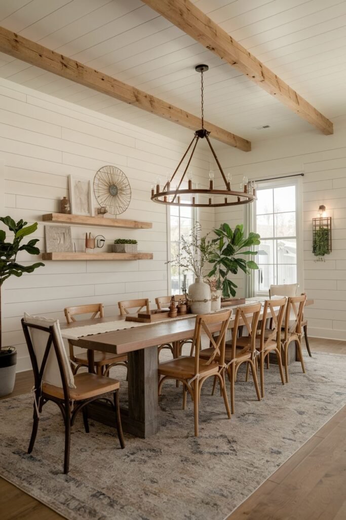 A beautiful farmhouse dining room with a wood rectangular table and wood chairs with X-shaped backs and a wooden bench. The room has white shiplap walls, exposed wooden beams on the ceiling, and a large round metal chandelier.