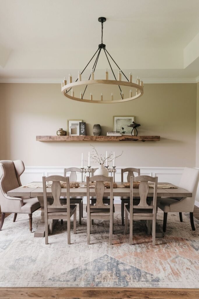 A beautiful farmhouse dining room featuring a rectangular wood table with grey wood chairs and two upholstered armchairs at the ends, set on a colorful patterned rug. A circular chandelier with candles hangs above the table, and a long wooden shelf is mounted on the wall behind it.