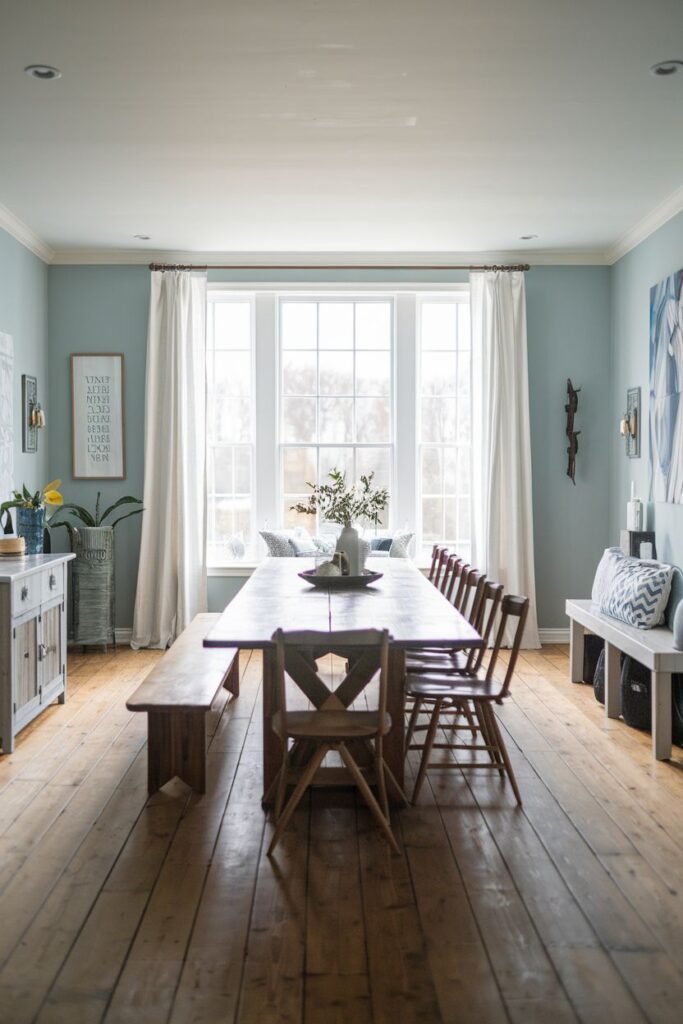 A beautiful farmhouse dining room with a long rectangular wood table and a mix of wood chairs and a wooden bench, positioned near large windows with white curtains. The room has wood floors and blue walls with wall art.