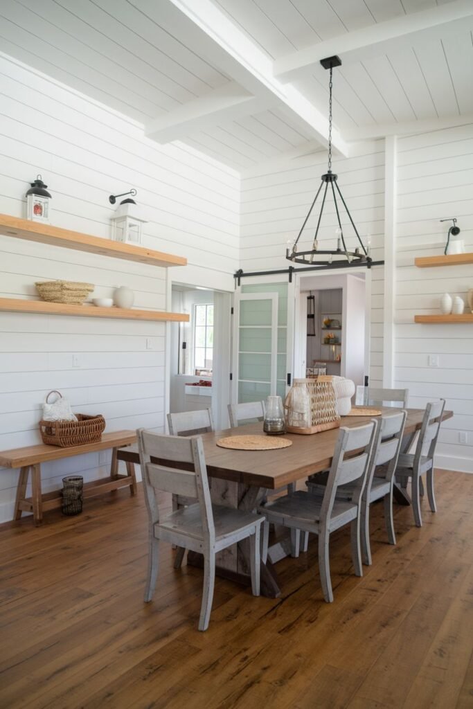 A beautiful farmhouse dining room with a large rectangular wood table and grey wood chairs and a wooden bench, set on wood floors. The room has white shiplap walls, exposed beams, open shelves, and a sliding barn door in the background.