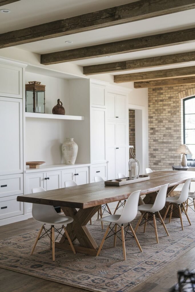 A beautiful farmhouse dining area with a large rustic wood rectangular table with an X-shaped base and white modern chairs, placed on a patterned rug. The room has white built-in cabinets along the wall and exposed brick.