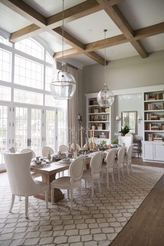 A beautiful farmhouse dining room with a light wood rectangular table and numerous cream upholstered oval-back chairs, set on a patterned rug. The room has built-in bookshelves, a large arched window, and glass pendant lights hanging from the ceiling.