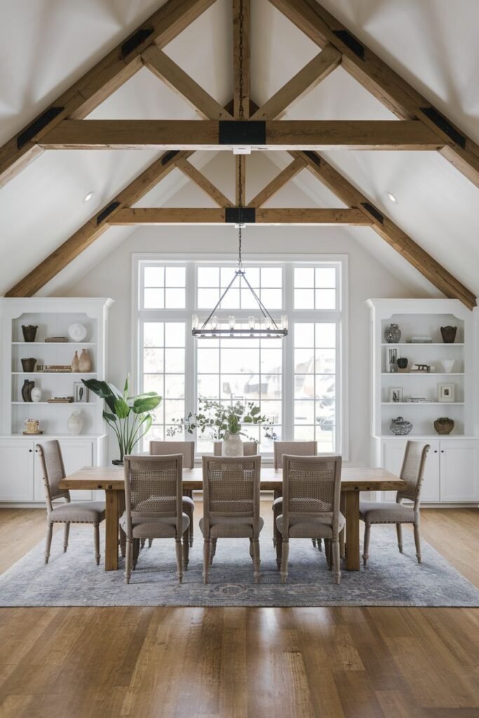A beautiful farmhouse dining room with a rectangular wood table and chairs with woven backs and upholstered seats, positioned on a patterned rug. The room has exposed wooden ceiling beams forming a truss structure, a large window, and built-in bookshelves.