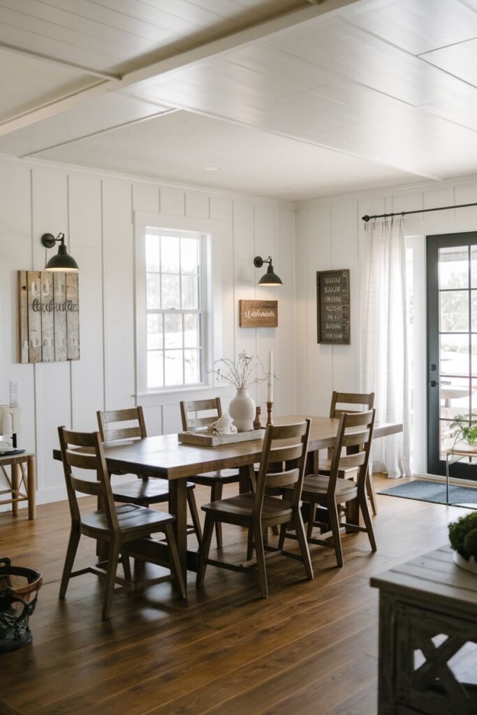 A beautiful farmhouse dining room featuring a rectangular wood table and wood chairs set on wood floors. The room has white vertical paneled walls, windows, a glass-paned door, and wall-mounted signs.