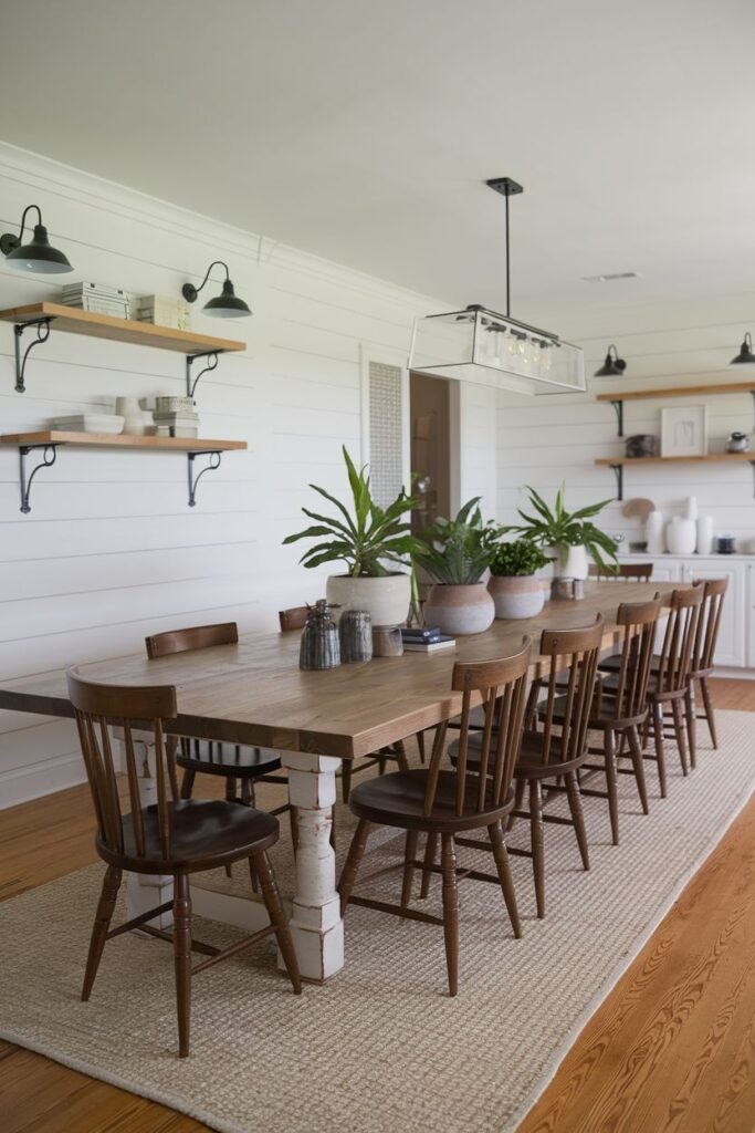 A beautiful farmhouse dining room with a large rectangular wood table with a distressed white base and numerous dark wood spindle-back chairs, set on a light-colored rug. The room has white shiplap walls, open shelves with decor and plants, and industrial-style light fixtures.