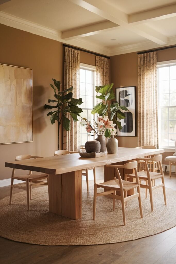 A beautiful farmhouse dining room featuring a light wood rectangular table and matching wood chairs placed on a round jute rug. Large potted plants frame the table, and the room has tan walls with coffered ceilings and patterned curtains.