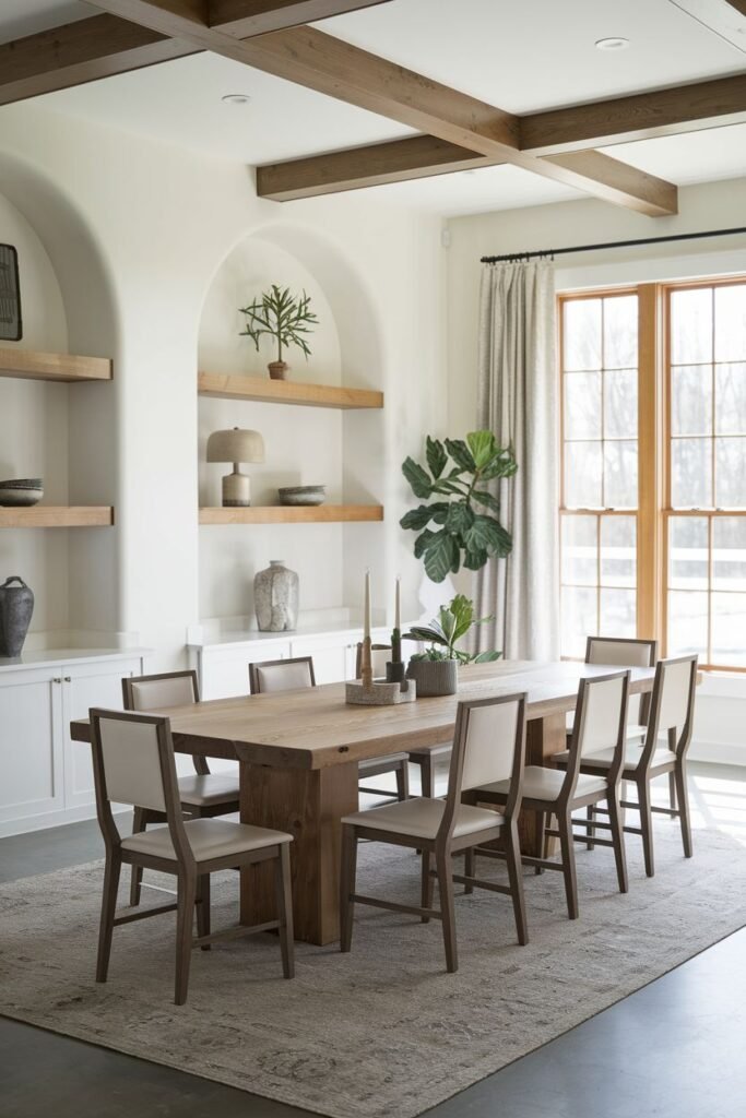 A beautiful farmhouse dining room with a sturdy rectangular wood table surrounded by chairs with upholstered seats. The room features a white built-in cabinet with arched shelving niches decorated with plants and objects, and wooden ceiling beams.