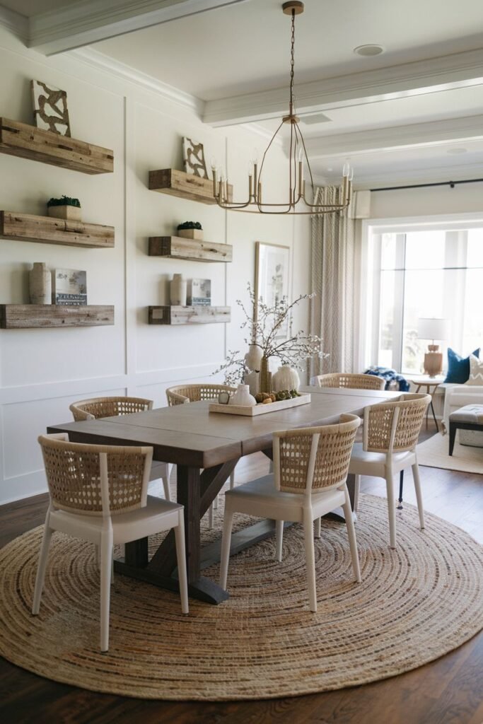A beautiful farmhouse dining room with a grey wash rectangular table and white chairs with woven backs, positioned on a round jute rug. Shelves with decor items are mounted on the white paneled wall, and a gold chandelier hangs above the table.