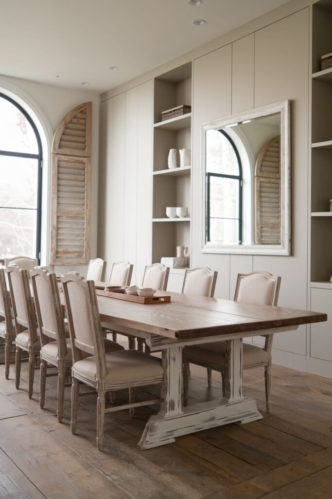 A beautiful farmhouse dining room featuring a large light wood rectangular table with a distressed white base and numerous upholstered chairs. The room has tall built-in cabinets, a large mirror, and arched windows with wooden shutters.
