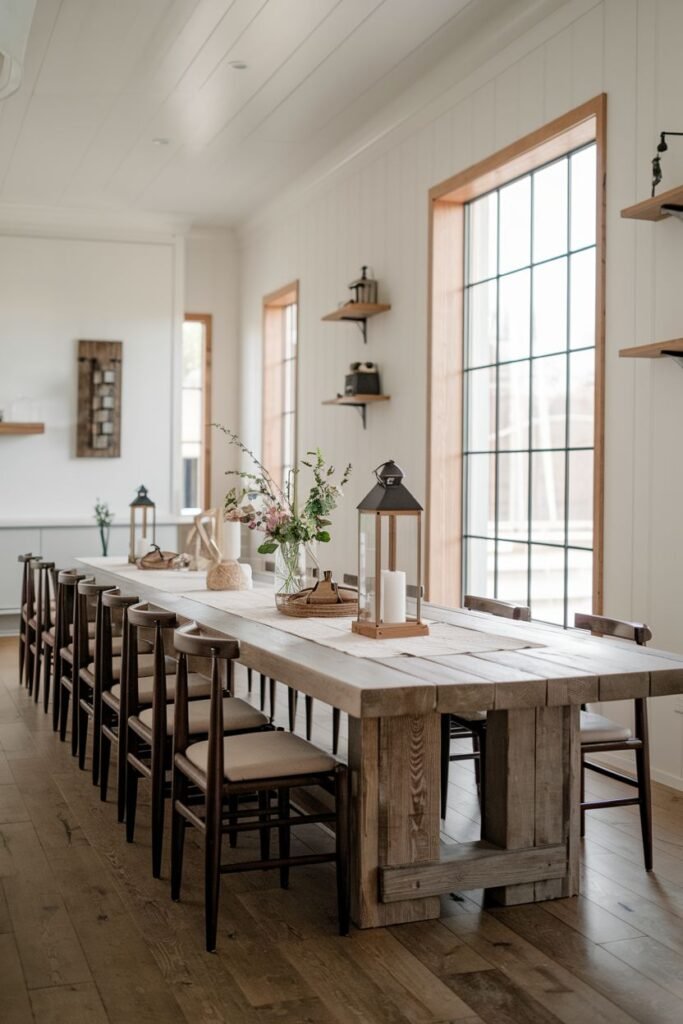 A beautiful farmhouse dining space featuring a very long, rustic wood rectangular table with a chunky base and multiple dark wood chairs and a wooden bench. Lanterns and decor are placed along the table. The room has tall windows and white paneled walls with wall-mounted shelves.
