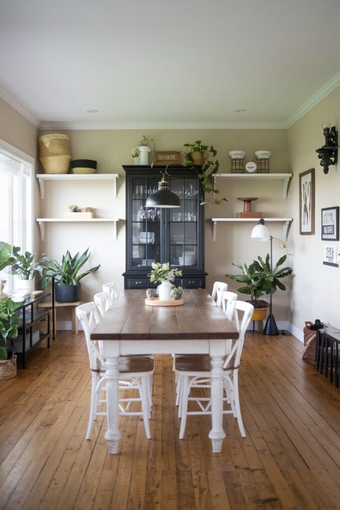 A beautiful farmhouse dining room with a rectangular table with a wood top and white base surrounded by white spindle-back chairs. The room has wood floors, shelves decorated with plants and items, and a black hutch in the background.