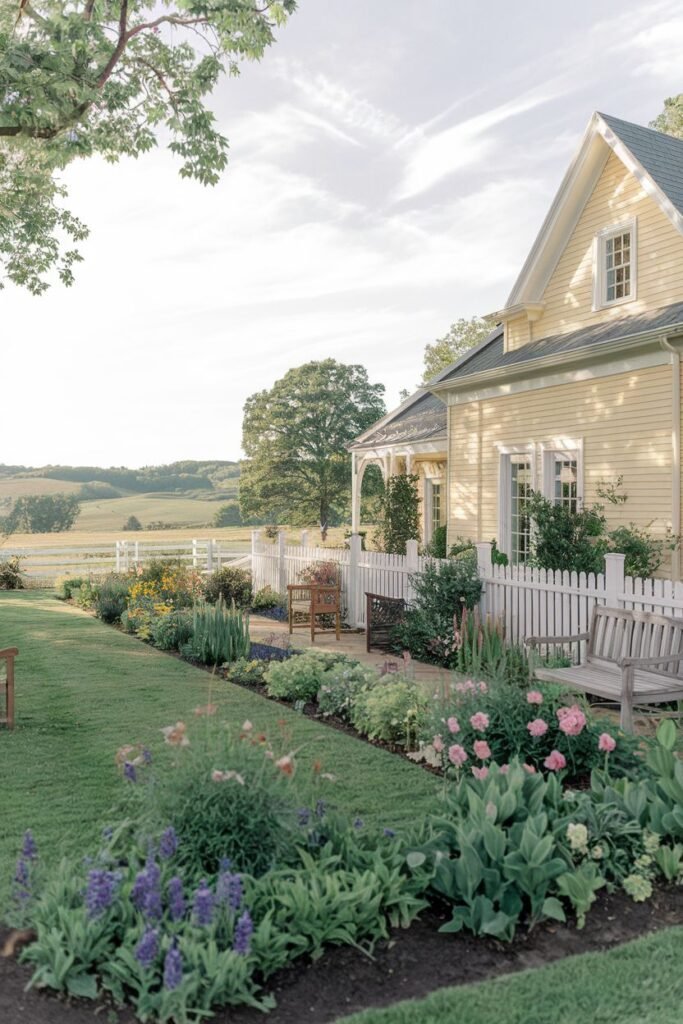 Farmhouse garden with a white picket fence bordering a yellow house, featuring garden beds, flowers, a lawn, and benches with a countryside view.