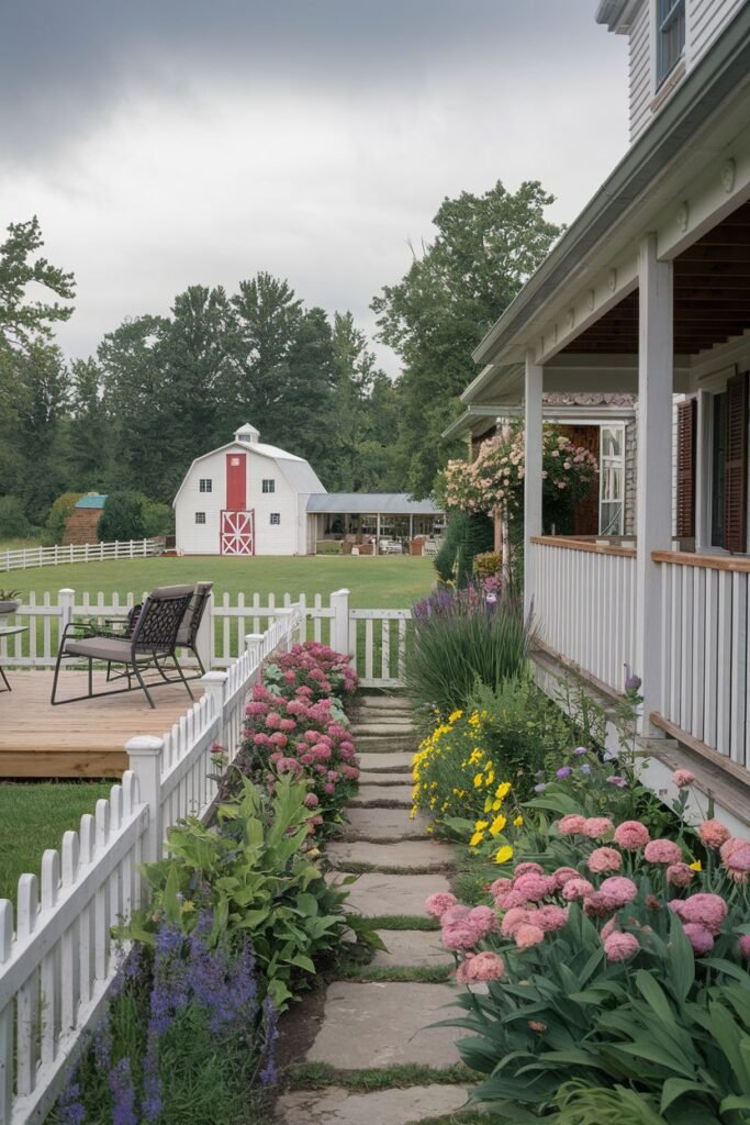 Side farmhouse garden path with stepping stones, flowers, a white picket fence, a deck with seating, and a view of a red barn.