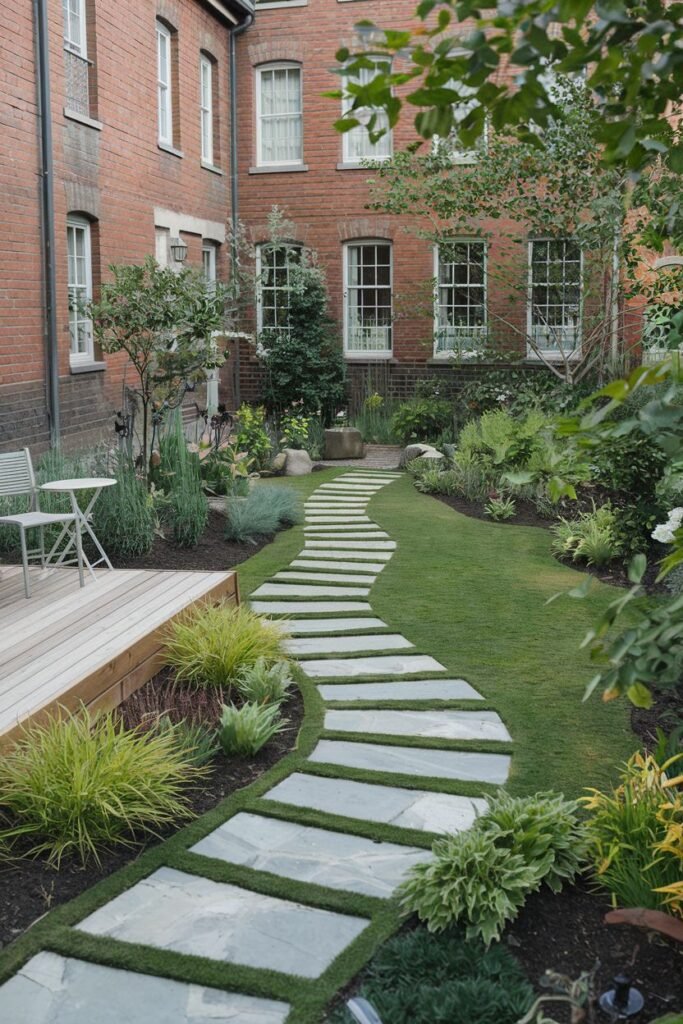Modern farmhouse garden with a stepping stone path through a lawn, diverse plantings, and a deck with seating next to a brick building.