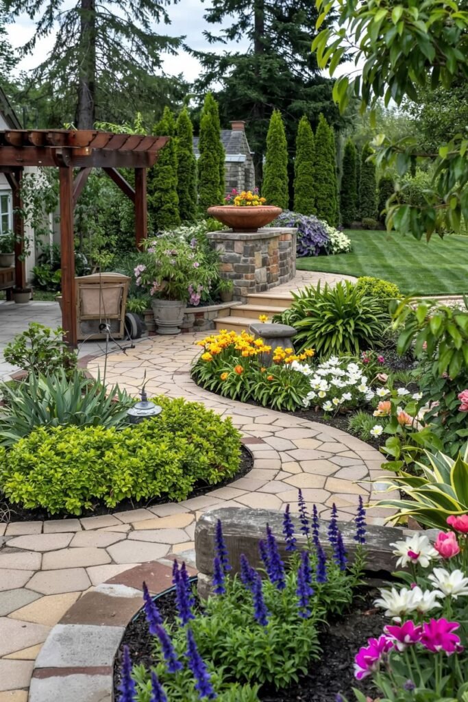 Winding path in a farmhouse garden with colorful flowers, foliage, a pergola, and a water feature.