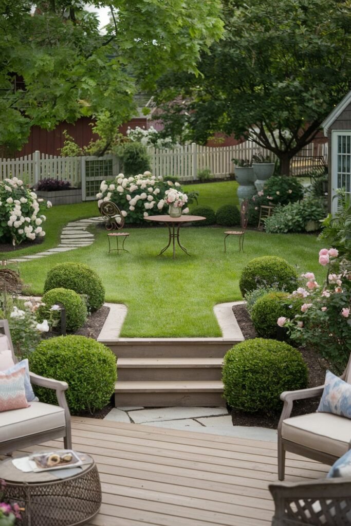 Formal farmhouse garden with manicured shrubs, roses, a central lawn with seating, and a wooden deck.