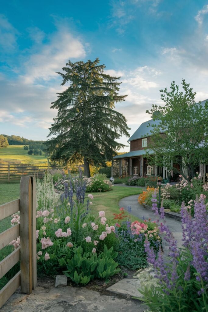 Picturesque farmhouse garden with curved beds, colorful plants, a paved path, a large evergreen tree, and rustic fencing overlooking fields.