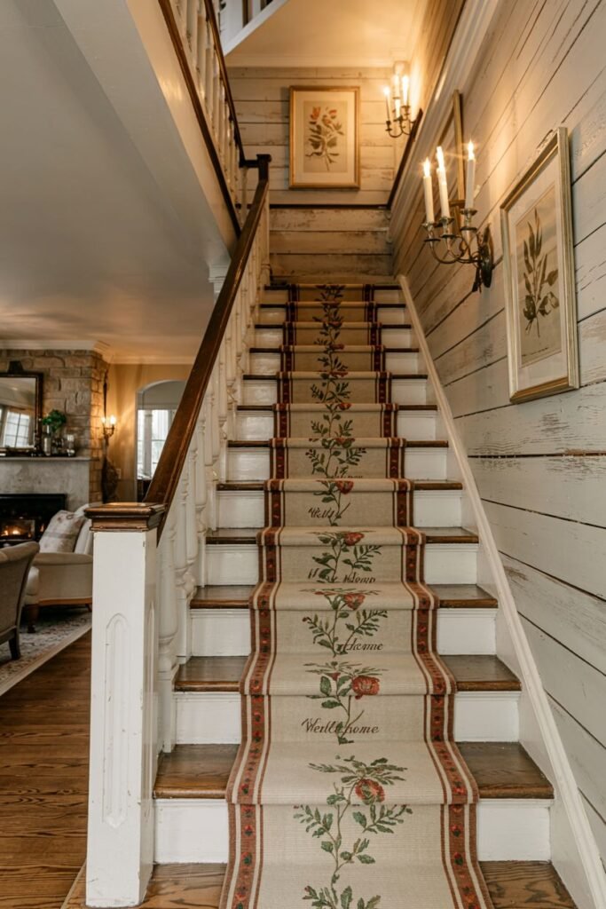 Farmhouse stair with white walls and a runner featuring floral designs and "sweet home" text, giving a welcoming feel.