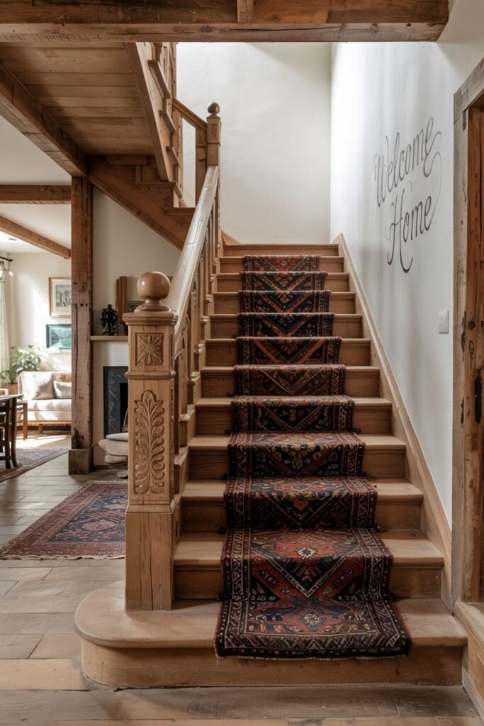 Rustic wooden farmhouse stair with a geometric runner and a carved newel post, featuring a "Welcome Home" sign on the wall.