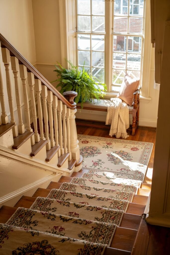 Beautiful farmhouse stairway landing with a floral runner, a window bench, and natural light, suggesting a cozy spot.