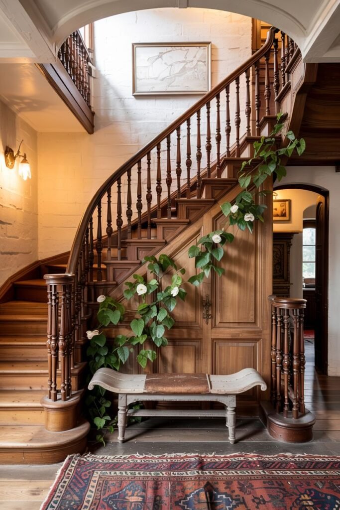 Grand curved wooden farmhouse staircase adorned with a vine and white flowers, featuring turned wooden balusters.