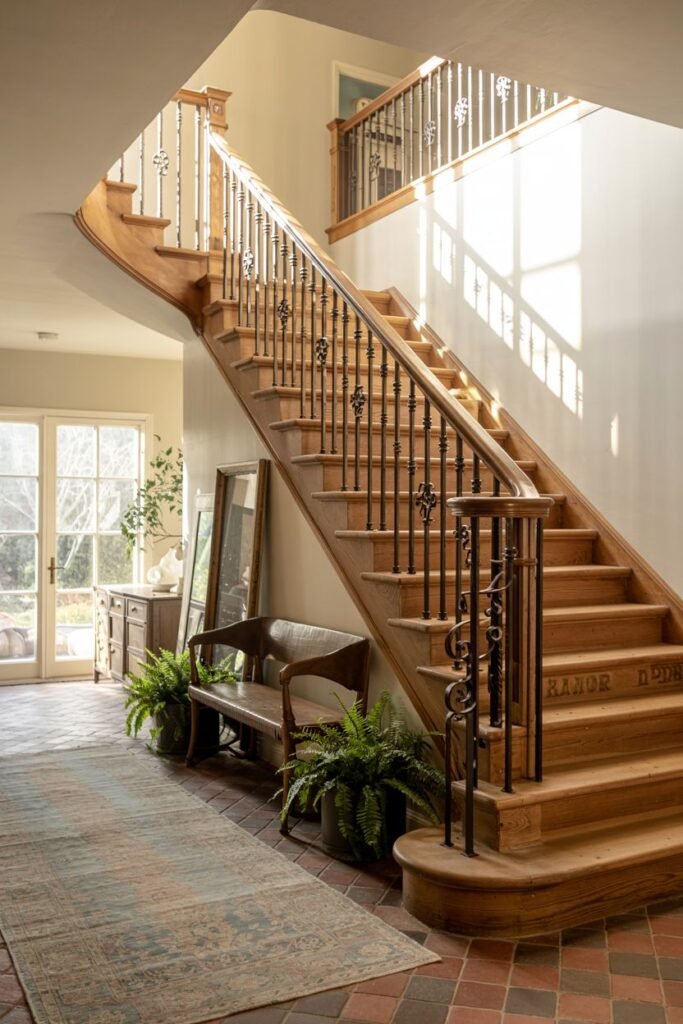 Sunlit straight stair with light wooden treads and an ornate metal balustrade and newel post, located in a space with terracotta tiles.